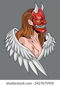 Illustration of angel demon oni mask. T-Shirt Logo Design Isolated Vector 
