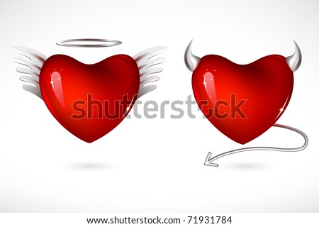 illustration of angel and devil hearts on isolated background