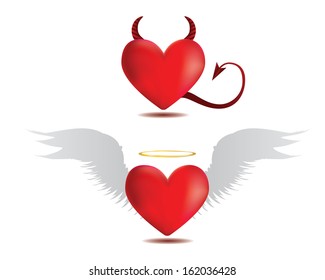 Illustration of angel and devil red hearts on white background.