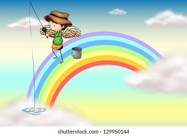 Illustration of an angel fishing above the rainbow