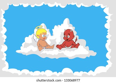illustration of the angel and the imp on a cloud