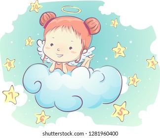 Illustration of an Angel Kid Girl On Top of a Cloud with Stars and Numbers