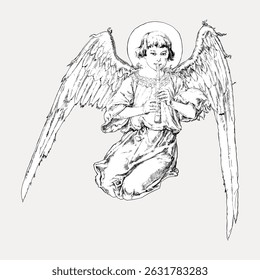 Illustration of an angel playing a flute. The angel has wings and a halo. The angelic figure is detailed and serene, with a focus on the flute and wings. Vintage art illustration vector.