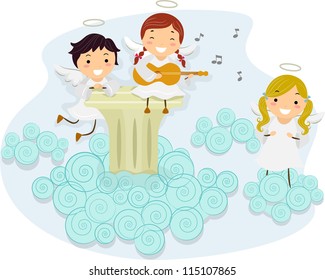 Illustration of An Angel Playing the Guitar While Other Angels Sing Along