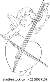 Illustration of angel playing instrument. Art in simple and stripped lines. Lovely cupid playing music.