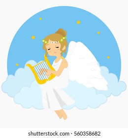 illustration of an angel sitting on clouds playing harp. blue circle background with stars 