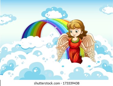 Illustration of an angel in the sky near the rainbow