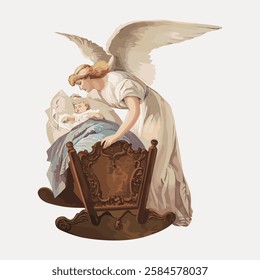 Illustration of an angel watching over a sleeping child in a cradle. The angel, with wings, stands protectively. Angelic figure, child, cradle, serene scene. Vintage angel illustration vector.