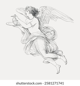 Illustration of an angel with wings, carrying a jug and plate. The angel, depicted in a classical style, is in mid-flight. Detailed line art of angelic figure. Vintage woman illustration vector.