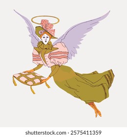 Illustration of an angel with wings, halo, and a decorative outfit, holding a cushion. The angel has a whimsical, vintage style with pastel colors. Vintage art drawing, isolated vector element.