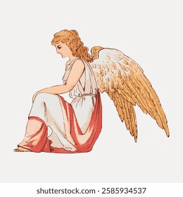 Illustration of an angel with wings, sitting gracefully. The angel has flowing hair and wears a long robe. Serene peaceful divine angel. Vintage art illustration, vector.