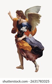 Illustration of an angel with wings, wearing a flowing robe, holding flowers. The angel's attire and wings are detailed, creating a serene and divine appearance. Vintage art illustration vector.
