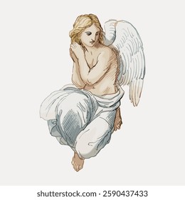 Illustration of an angel with wings, wearing a white robe. The angel is depicted in a serene pose, with detailed wings and a calm expression. Vintage illustration isolated on white, vector.