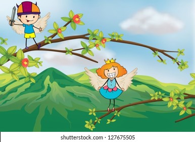 Illustration of angels at the branches of a tree