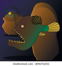 An illustration of an angler fish at depth.