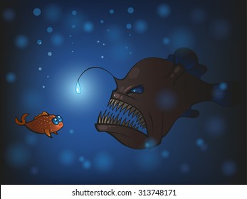 Illustration of angler fish and the small fish