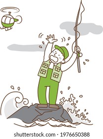 Illustration of an angler left behind at high tide and waiting for rescue