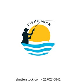 illustration of angler logo and icon, sun and sea waves, vector design suitable for business logos, fisheries, marine, anglers etc.