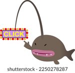 An illustration of an anglerfish luring artificial baits. The part of the pseudo picture is illuminated and the letters CLICK are written. Created with vector data.