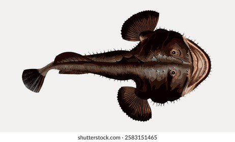 Illustration of an anglerfish with a wide mouth and bioluminescent lure. The anglerfish is dark brown with spiky fins, depicted against a light background. Vintage fish illustration isolated, vector.