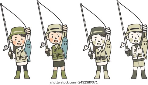 Illustration of anglers proud of the fish they have caught