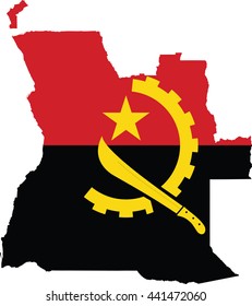 Illustration of Angola flag on map of country; isolated on white background.