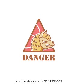 Illustration of angry Alpaca logo sign inside danger warning triangle.