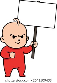 Illustration of an angry baby in a red onesie holding a blank protest sign, symbolizing expression and activism with a determined mood.