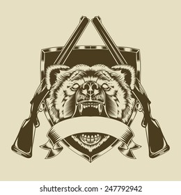 Illustration of angry bear head with weapons.