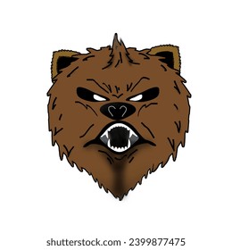 Illustration of an angry bear's head with white eyeballs.