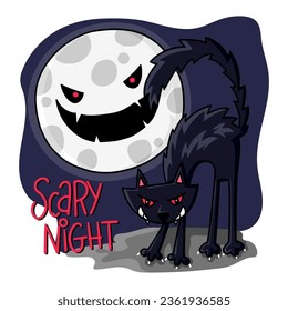 Ilustración de un gato negro enfurecido con la luna de halloween en el fondo, dibujo de Halloween, diseño para camiseta