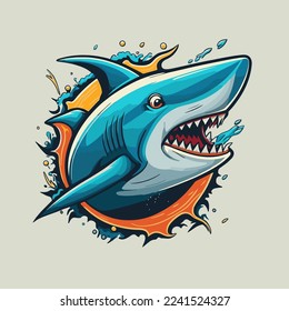 illustration of angry blue shark logo character mascot icon funny cartoon vector style for banner label icon poster design