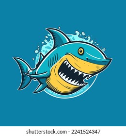 illustration of angry blue shark logo character mascot icon funny cartoon vector style for banner label icon poster design