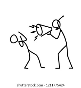 Illustration of an angry boss screaming at an employee. Vector. A disgruntled manager yells at an employee. Metaphor. Linear style. Illustration for website or presentation. Conflict at work.