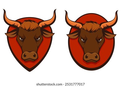 Ilustración de un toro enojado o cabeza de vaca colocada en un escudo. Utilizable como embalaje de carne o productos lácteos, para la identidad de la empresa o el diseño del logotipo. Archivo EPS de Vector. Aislado en blanco.