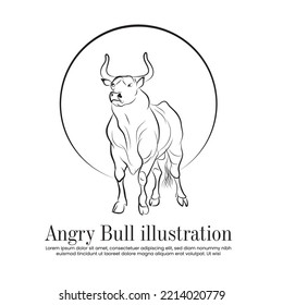 An illustration of angry bull, Vector line art of an animal, A strong mammal standing sketch