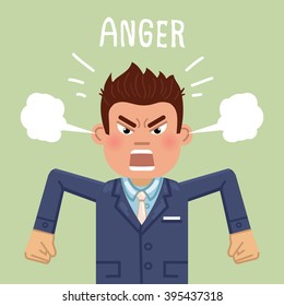 Illustration of an angry businessman. Emotional businessman in rage. Feeling anger. Emoticon, emoji. Simple style vector illustration