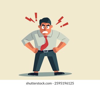 illustration of an angry businessman with a furious expression, clenched fists, and red warning symbols above his head. Perfect for stress, anger, and workplace concepts