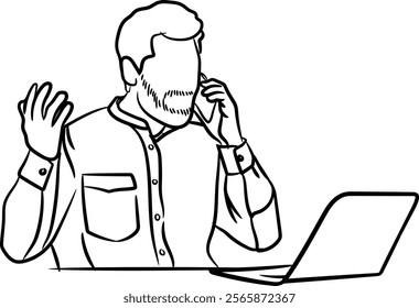 Illustration of an angry businessman sitting in front of a labtop and talking on the phone