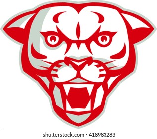 Illustration of an angry cougar mountain lion head showing fangs viewed from front set on isolated white background done in retro style. 