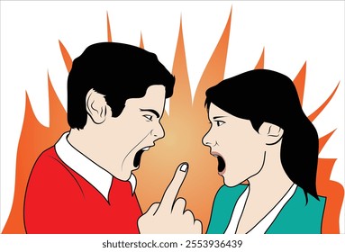 Illustration of an angry couple arguing, with expressive facial features and fiery background, depicting conflict and tension in relationships