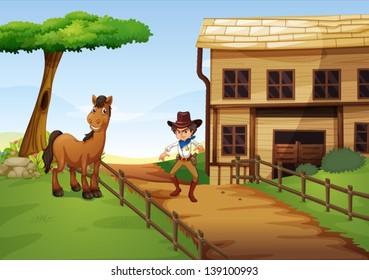 Illustration of an angry cowboy with a horse at the fence