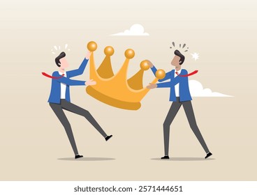 An illustration of an angry coworker fighting by pulling the golden crown metaphor of a job promotion position. Staff conflict or fighting for job promotion or jealousy colleague concept