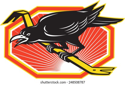 Illustration of an angry crow perching on crowbar wrecking bar prybar set inside hexagon with sunburst done in retro style.