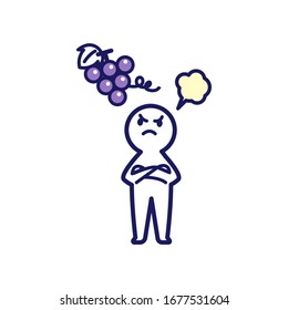 Illustration of an angry deformed simple human with his arms crossed staring at the grapes