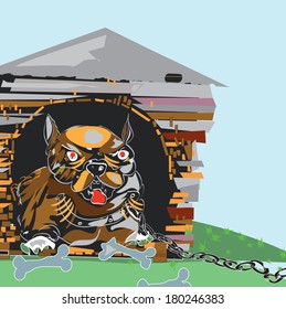 Illustration of an angry dog in a kennel, guarding the bones, hand drawn in doodle style