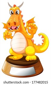 Illustration of an angry dragon above the trophy stand with an empty label on a white background