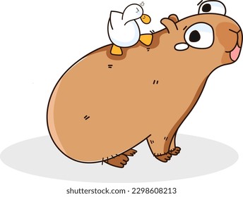 Illustration of an angry duck standing on the back of a capybara as it cries captures a touching moment of unlikely friendship, cuteness and adorableness.