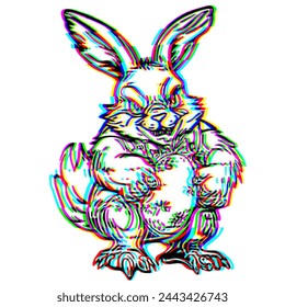 Illustration of angry easter bunny with decorated easter egg.