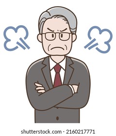 Illustration of an angry elderly businessman with his arms crossed